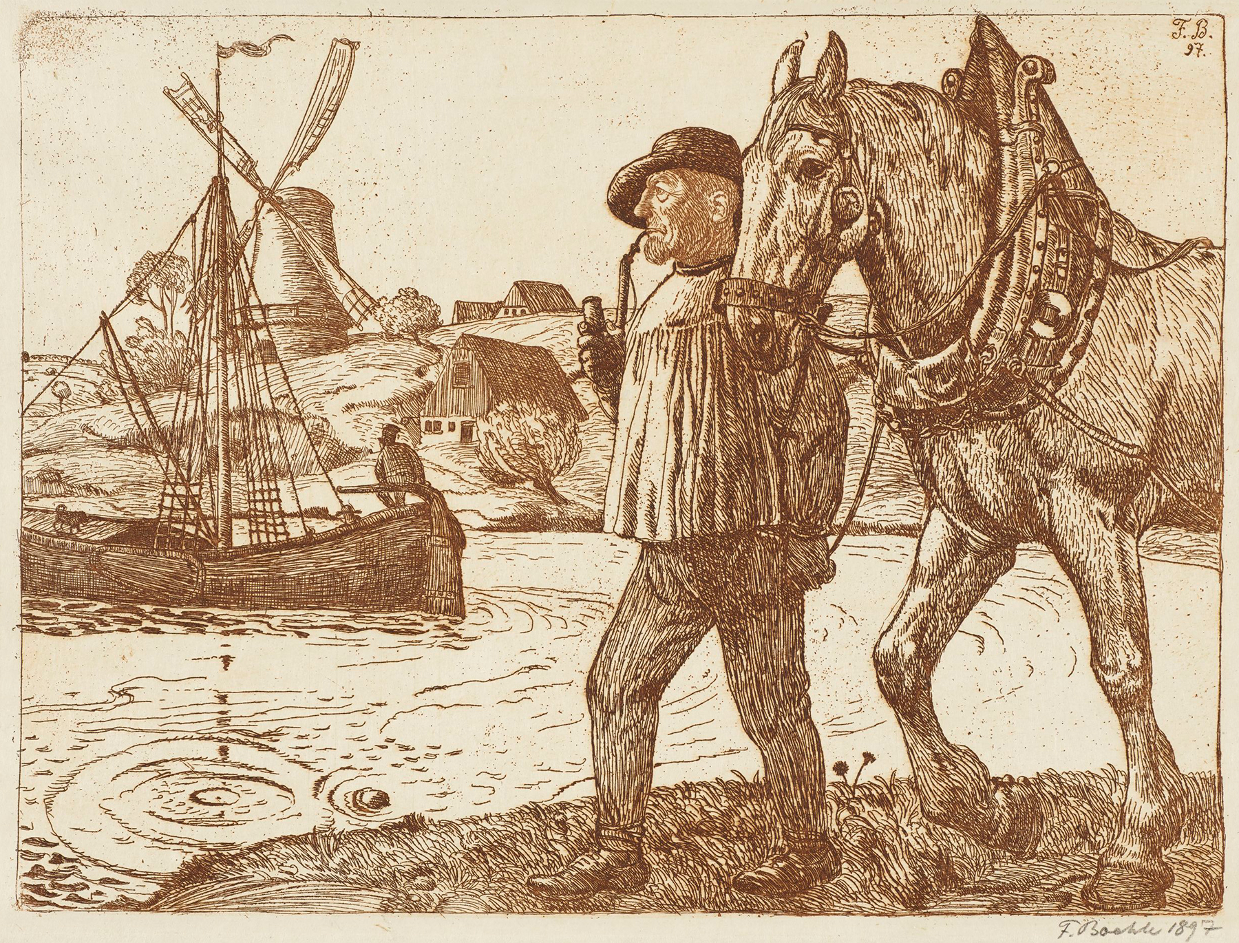 Flusslandschaft m. Leinreiter u. Windmühle