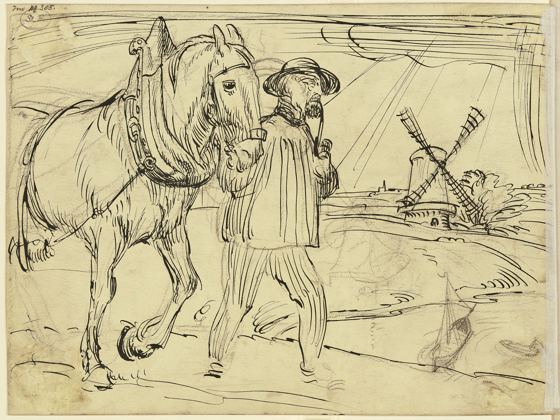 Flusslandschaft m. Leinreiter u. Windmühle