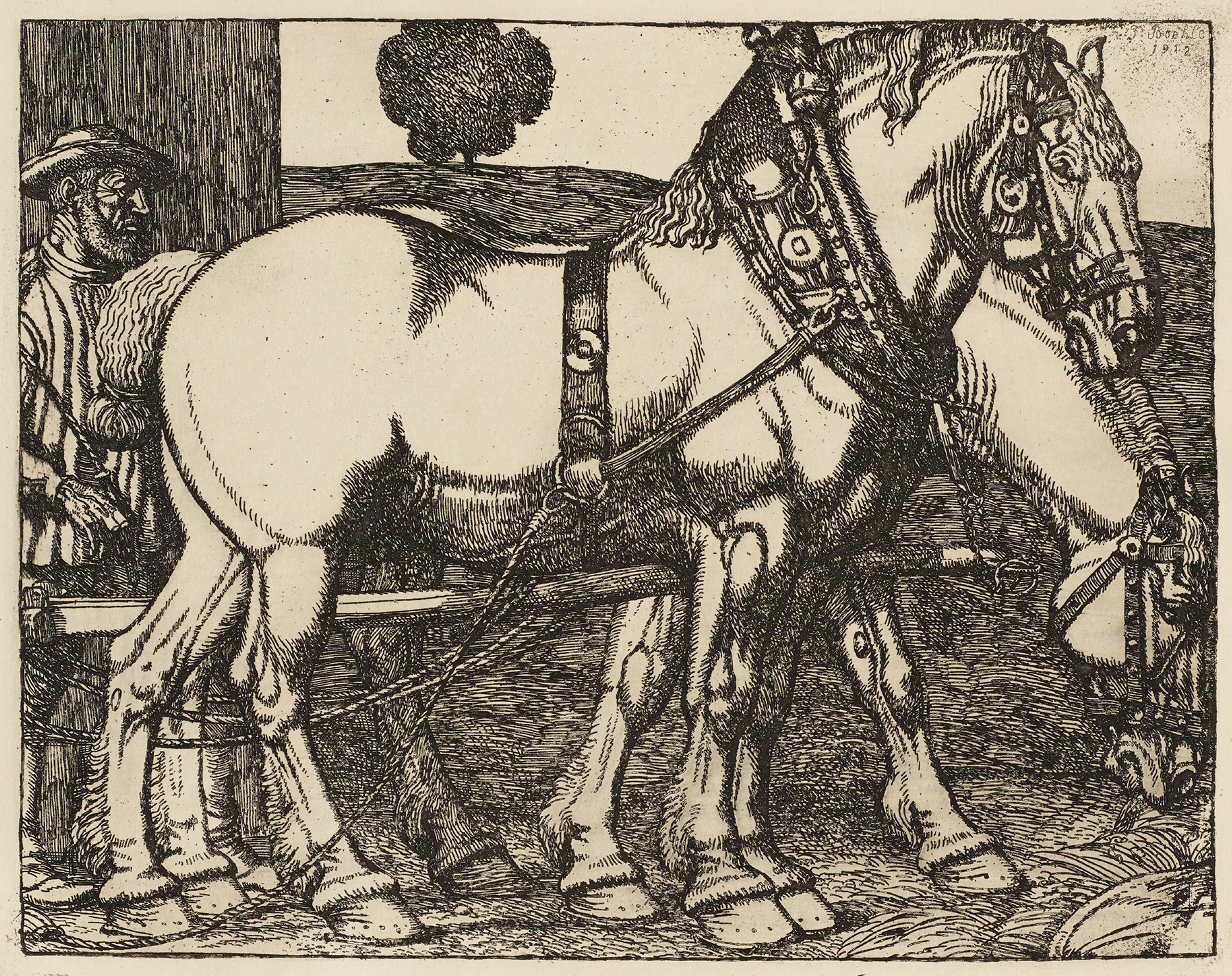 Zwei Pferde mit Fuhrmann