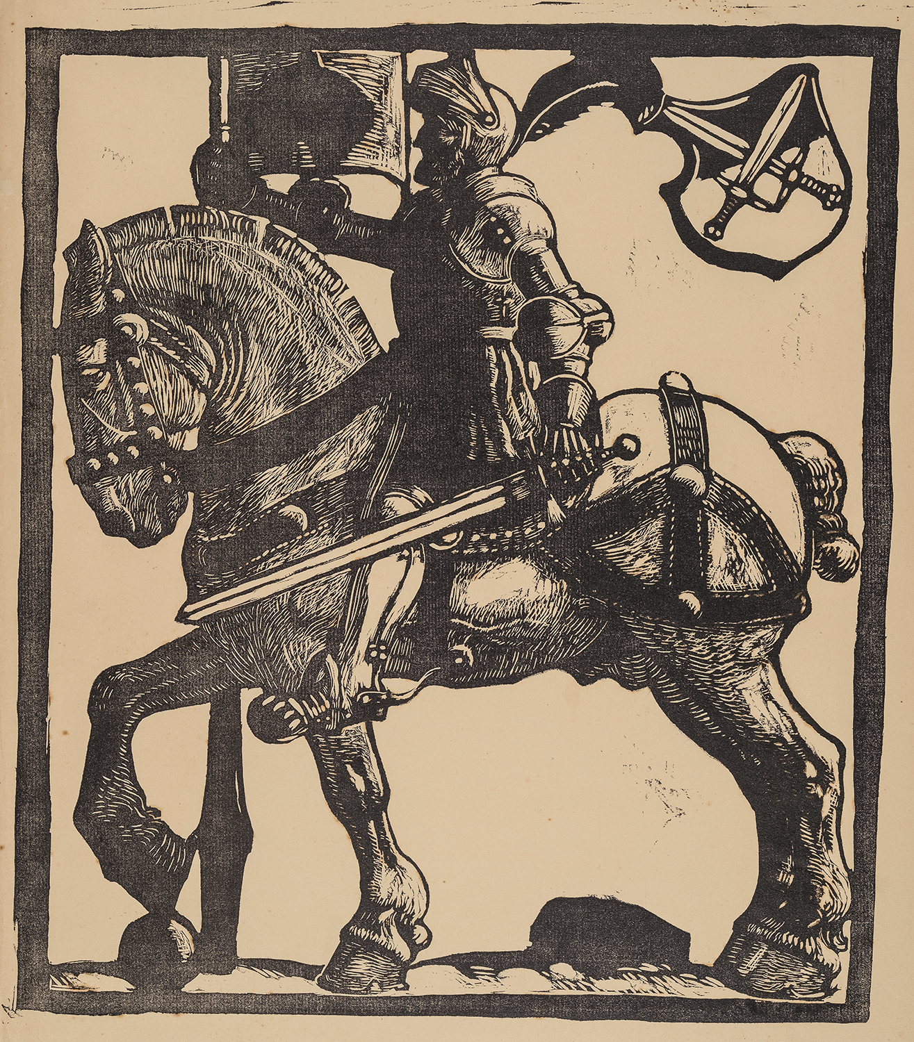 Geharnischter Bannerträger zu Pferde